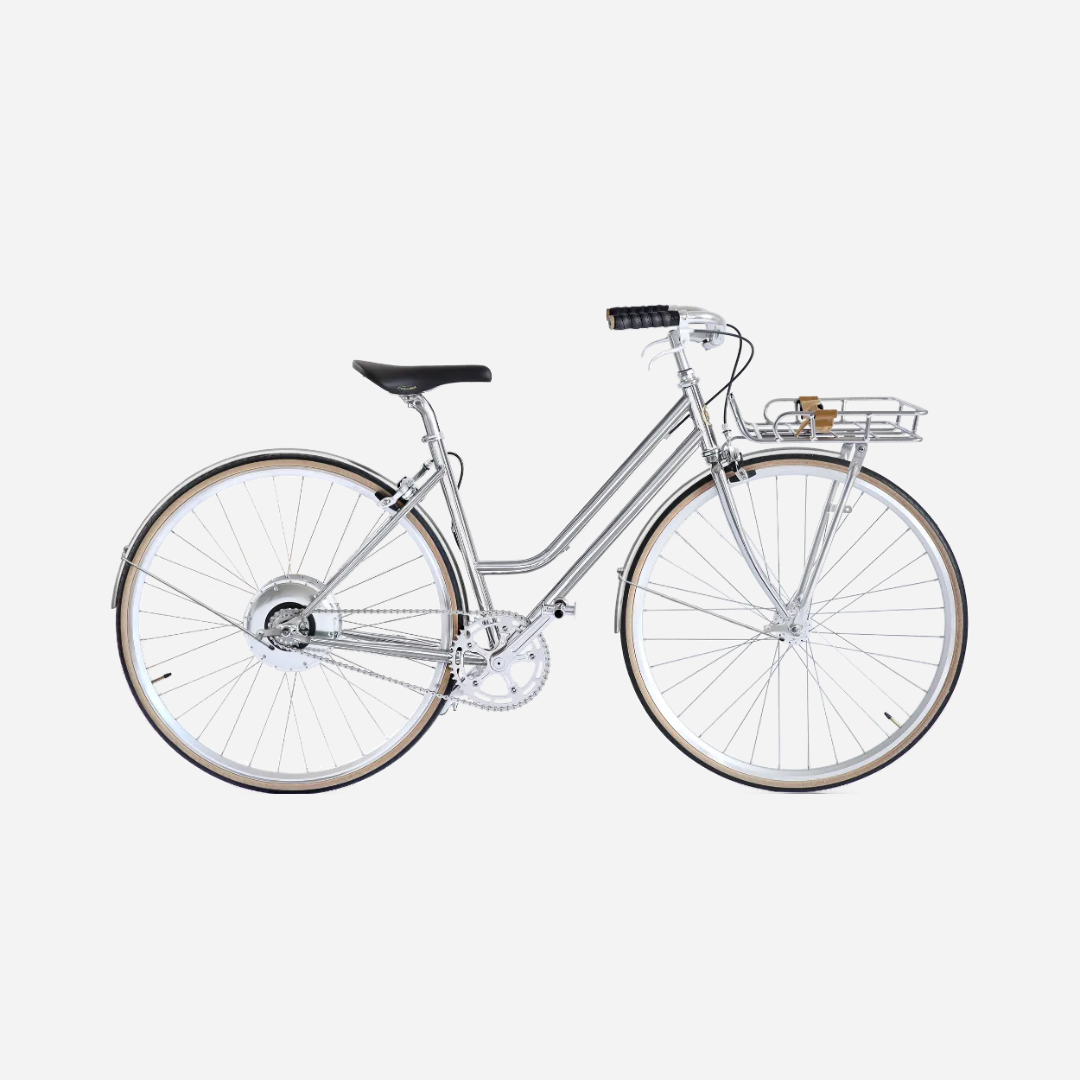 E-bike Jitensha Paris Chrome avec garde-boue et panier